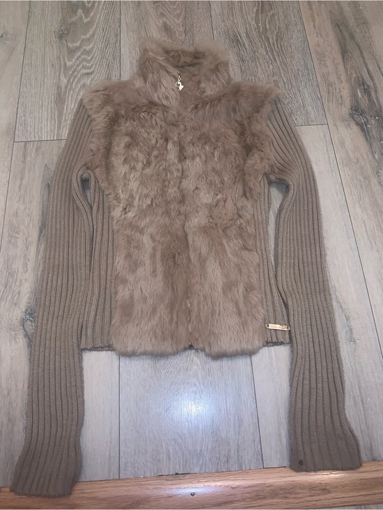 Baby Phat Sweaters - Vintage Baby Phat Faux Fur Front Ribbed Knit Jacket - Taupe Size: Medium